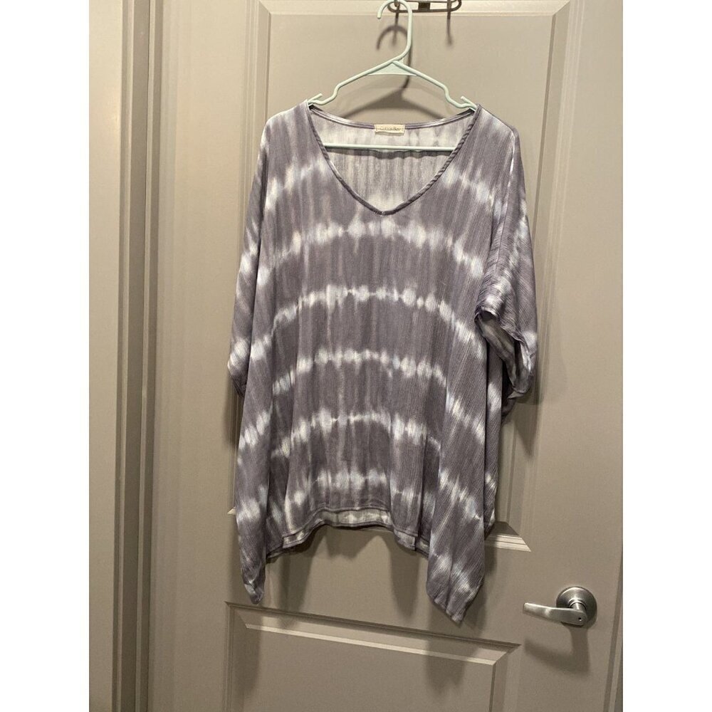 Cotton Bleu Tie Dye Oversized Poncho Top L Gray Blue Flowy Handkerchief Boho